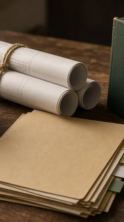 A worn hard hat, rolled plans tied with twine, a stack of file folders, and two record boxes on a wooden desk.