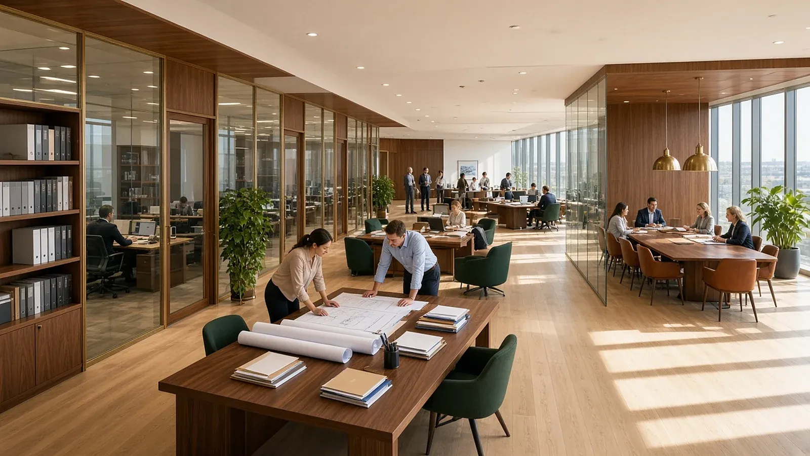A bright, modern office with walnut wood and glass-walled rooms, where two people review rolled plans at a big table and a team meets at a long conference table in warm sunlight.