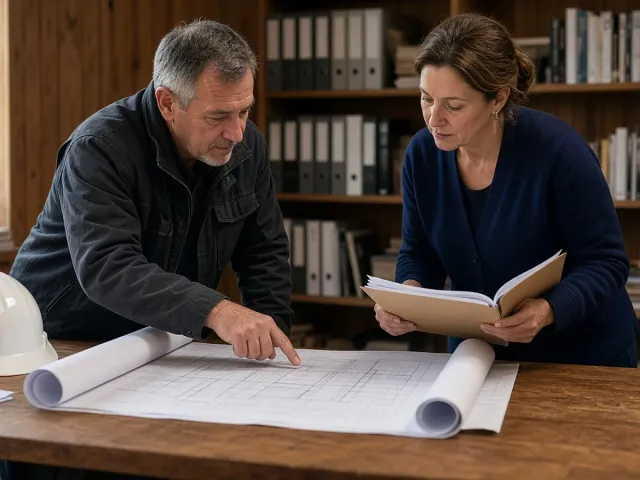 A builder and an office manager look over building plans and a file folder together at a wooden table.
